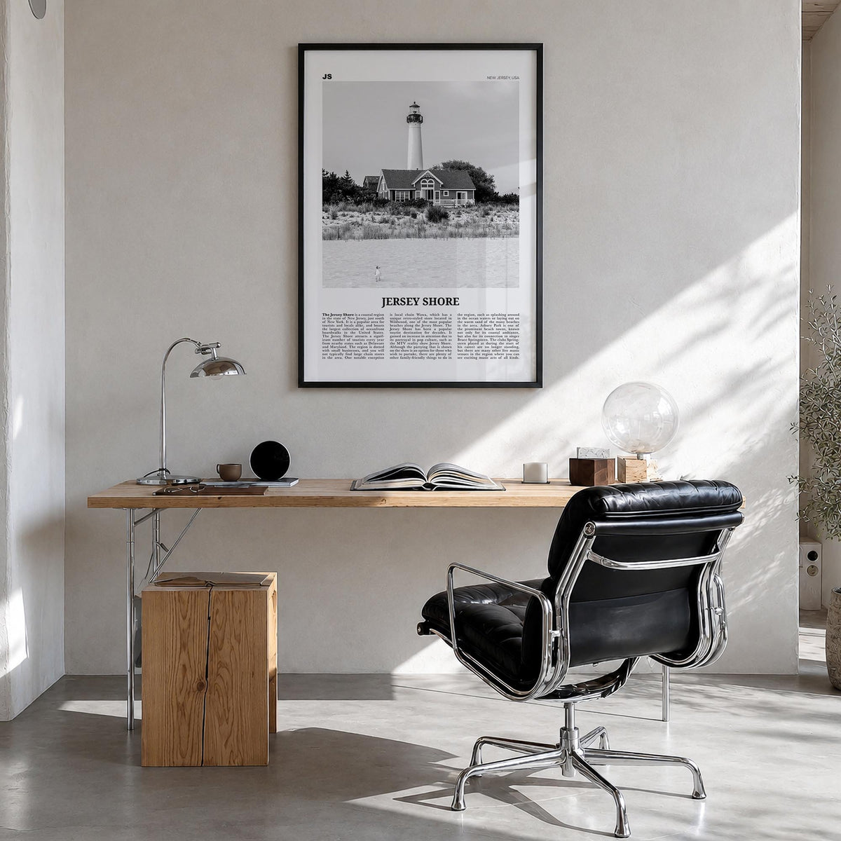 Jersey Shore no. 2 black & white newspaper poster of New Jersey, USA – vertical wall art in black wood frame, hanging on wall