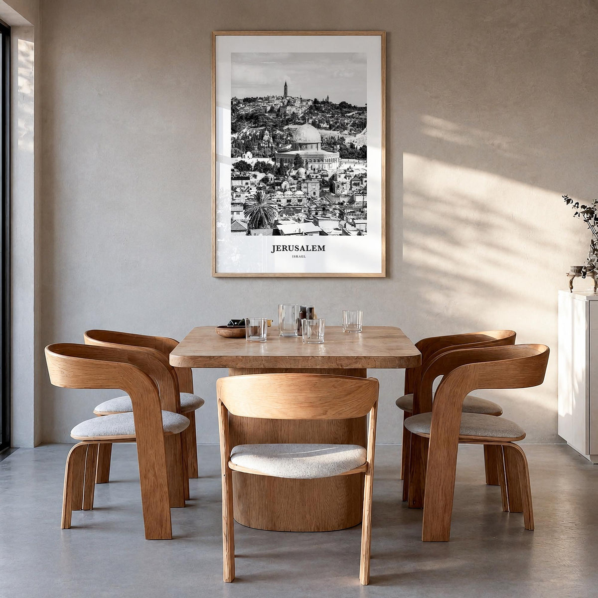 Jerusalem black & white classic poster of Middle East – vertical wall art in natural wood frame, hanging on wall