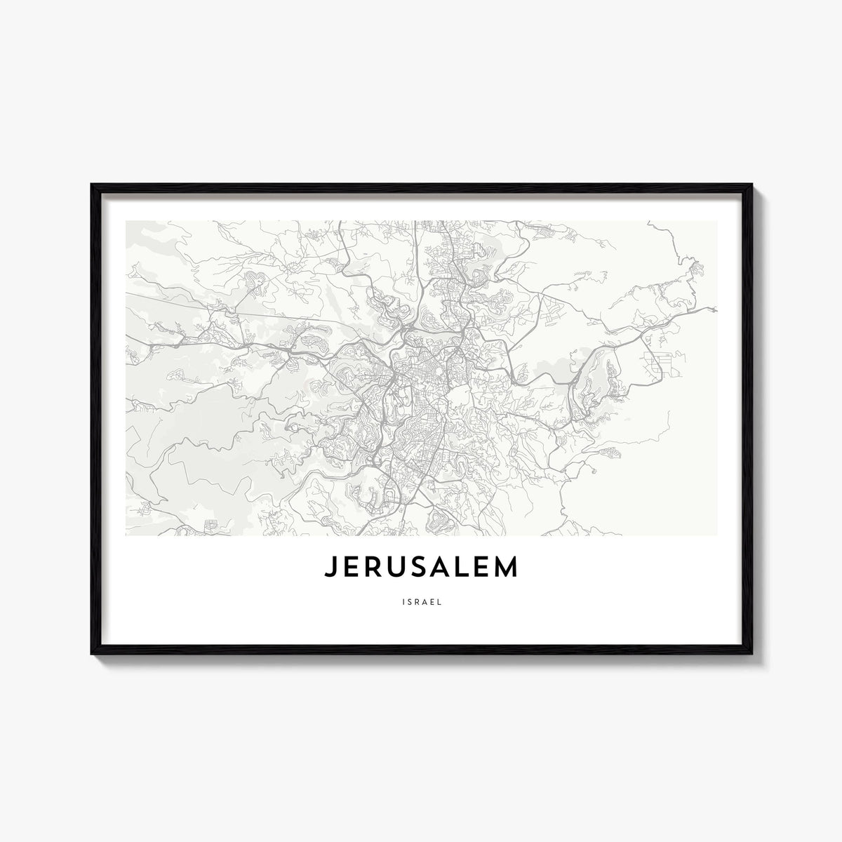 Jerusalem black & white map poster of Middle East – horizontal wall art, unframed print shown in interior mockup