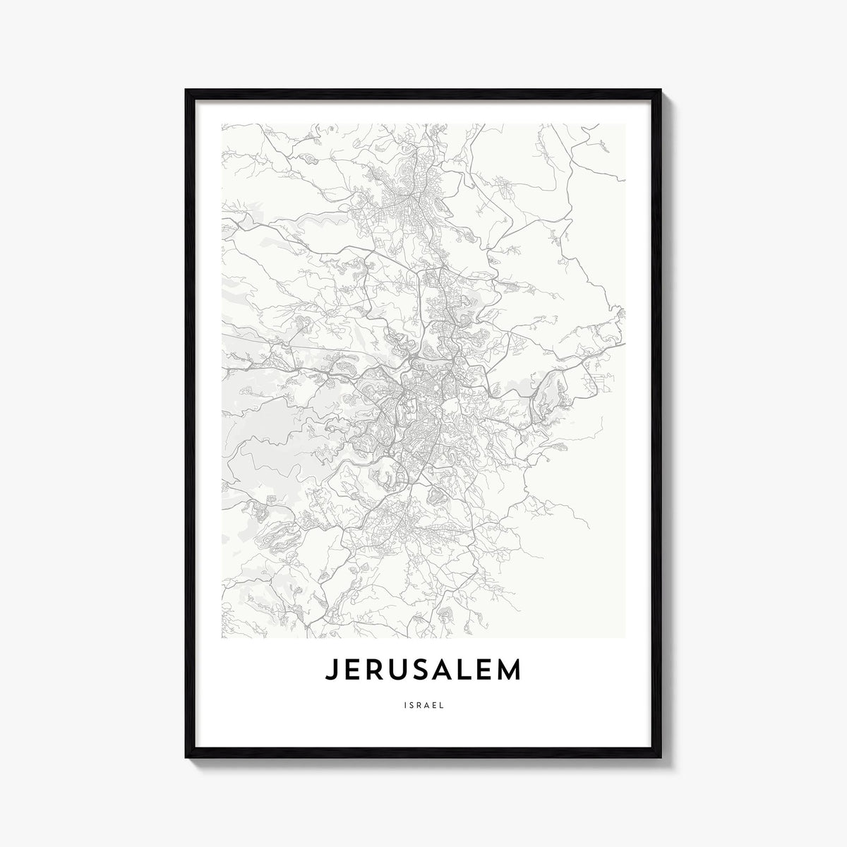 Jerusalem black & white map poster of Middle East – vertical wall art, unframed print shown in interior mockup