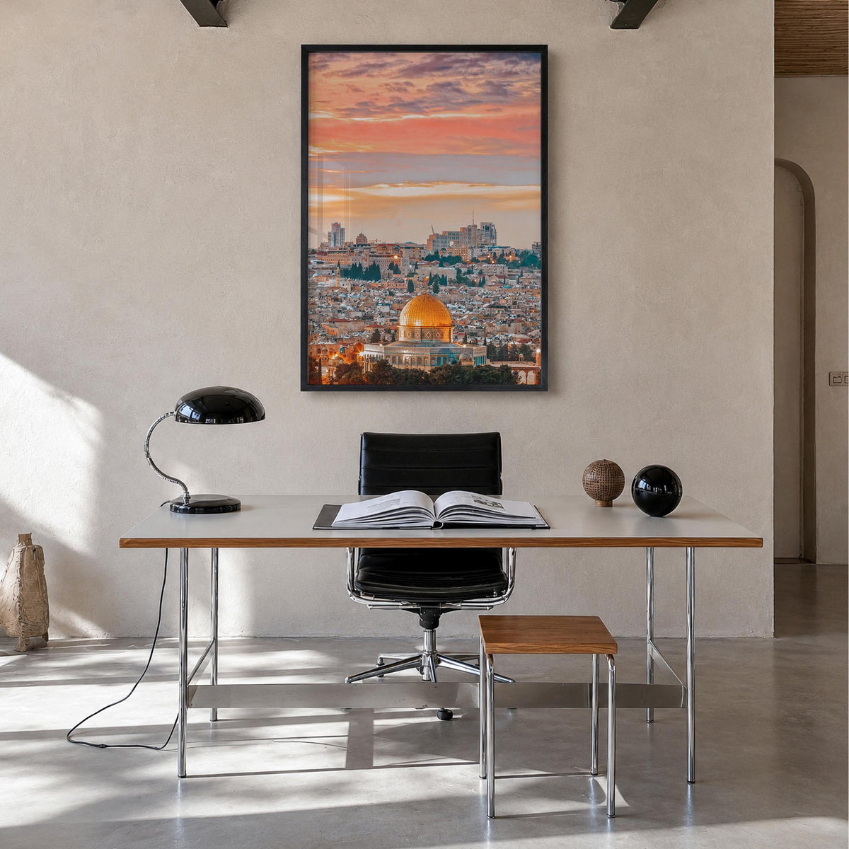 Jerusalem colorful photo poster of Middle East – vertical wall art in black wood frame, hanging on wall