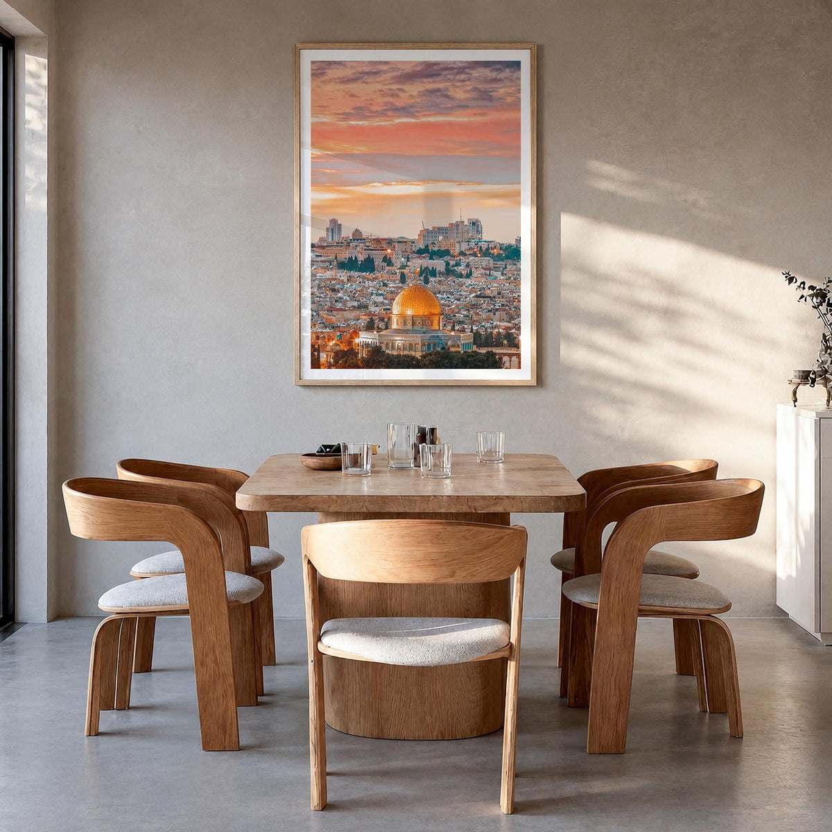 Jerusalem colorful photo poster of Middle East – vertical wall art in natural wood frame with white border, hanging on wall