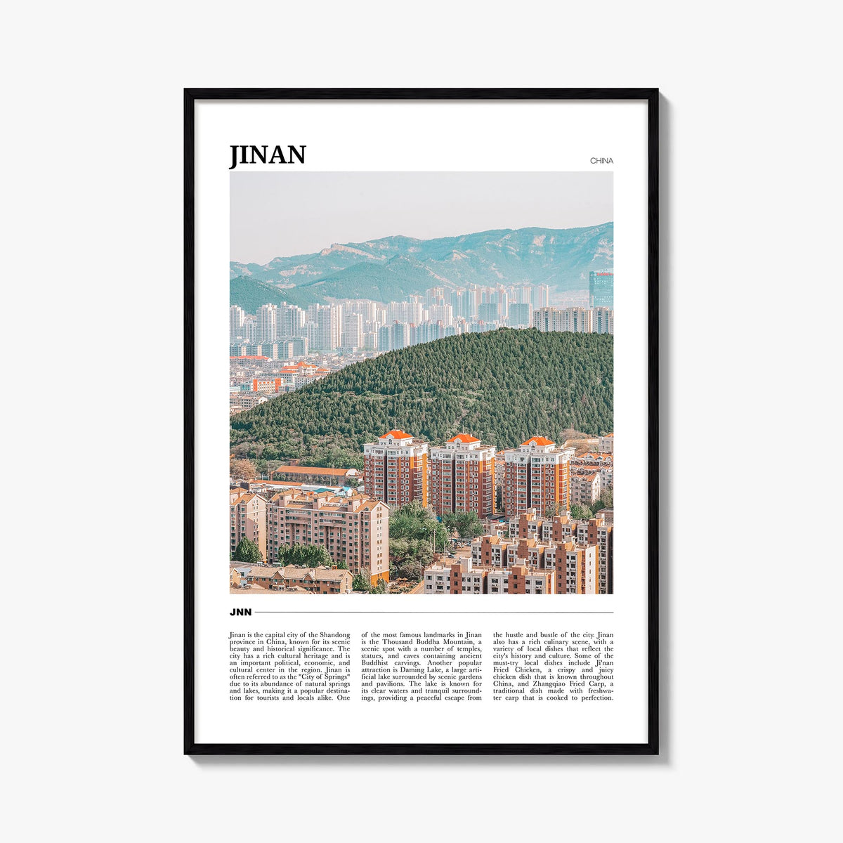 Jinan colorful travel poster of China – vertical wall art, unframed print shown in interior mockup