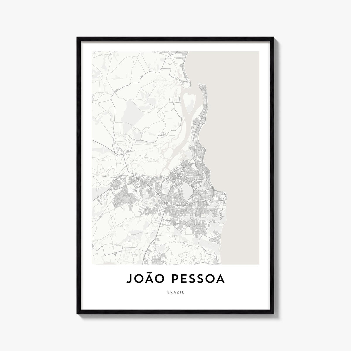 João Pessoa black & white map poster of Brazil – vertical wall art, unframed print shown in interior mockup
