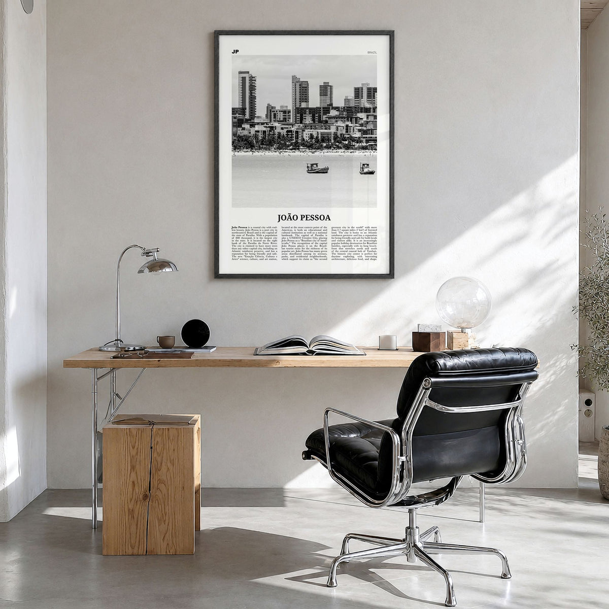 João Pessoa Newspaper Poster in a black wood frame, hanging in a bright home office