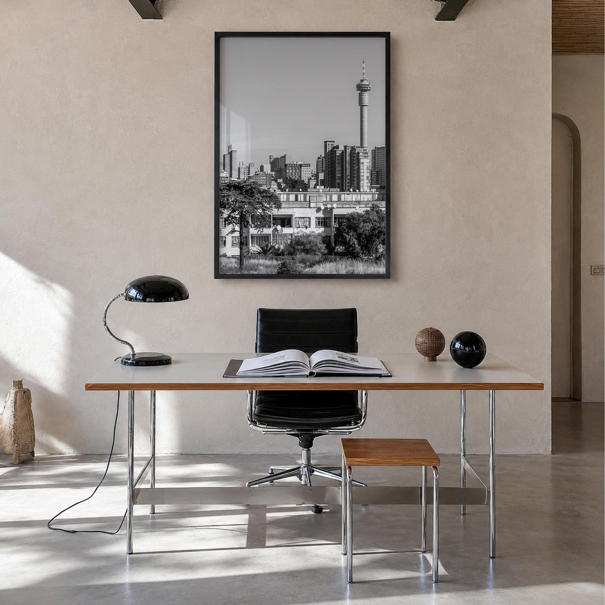 Johannesburg black & white photo poster of South Africa – vertical wall art in black wood frame, hanging on wall