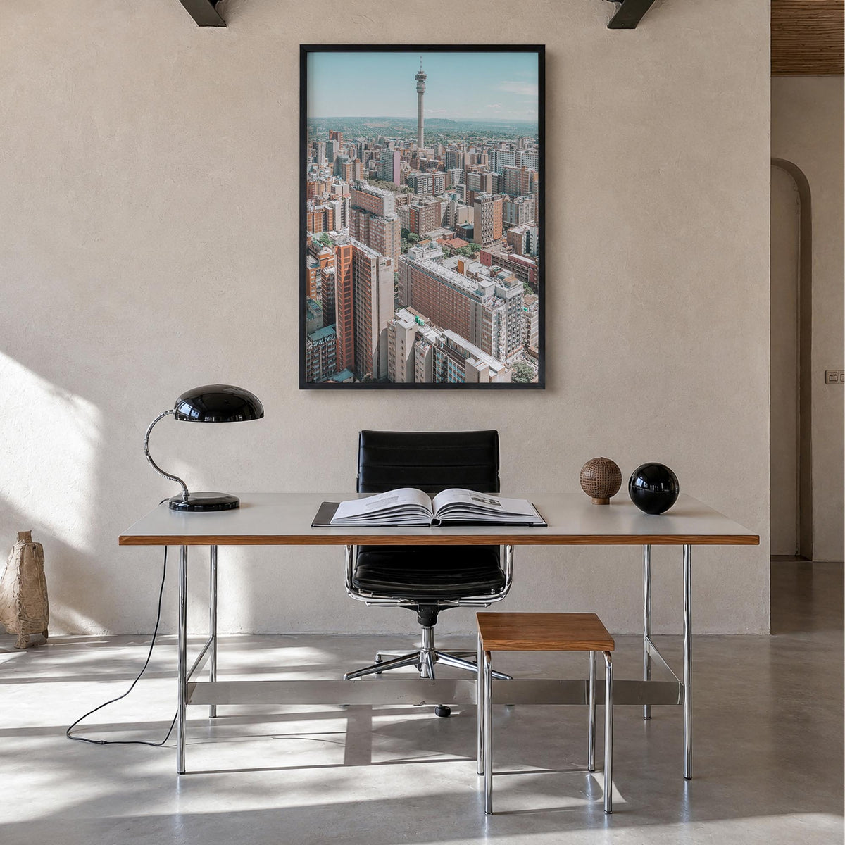 Johannesburg colorful photo poster of South Africa – vertical wall art in black wood frame, hanging on wall