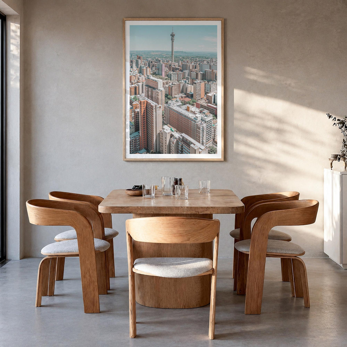Johannesburg colorful photo poster of South Africa – vertical wall art in natural wood frame with white border, hanging on wa