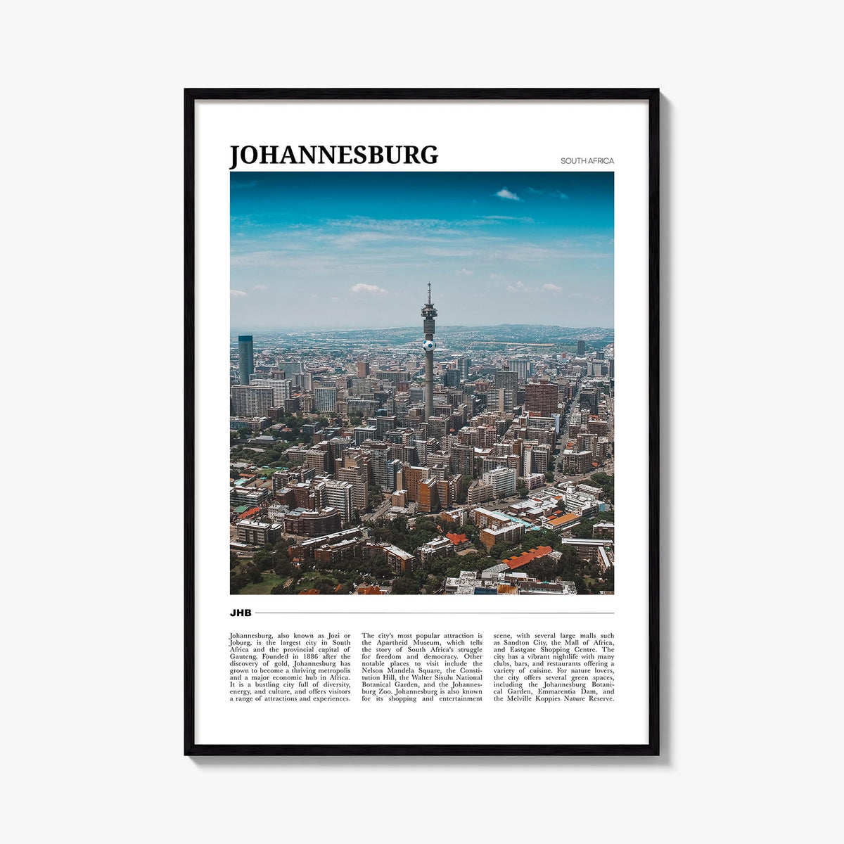 Johannesburg colorful travel poster of South Africa – vertical wall art, unframed print shown in interior mockup