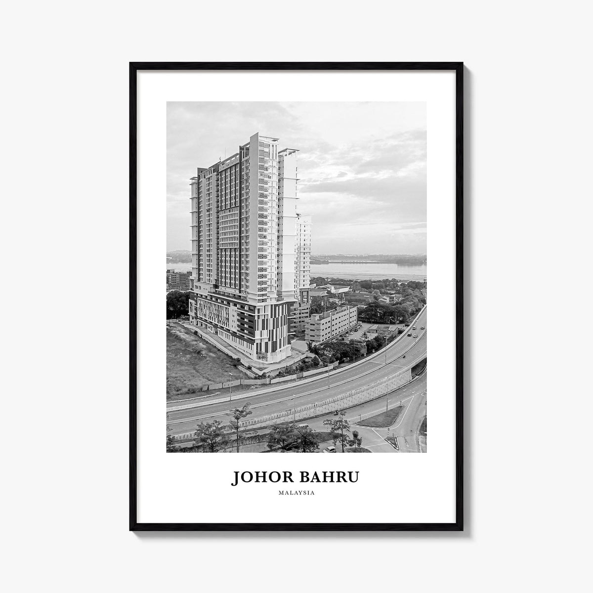 Johor Bahru black & white classic poster of Malaysia – vertical wall art, unframed print shown in interior mockup