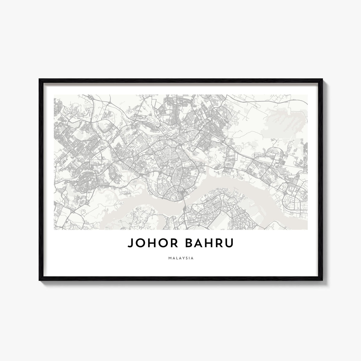 Johor Bahru black & white map poster of Malaysia – horizontal wall art, unframed print shown in interior mockup