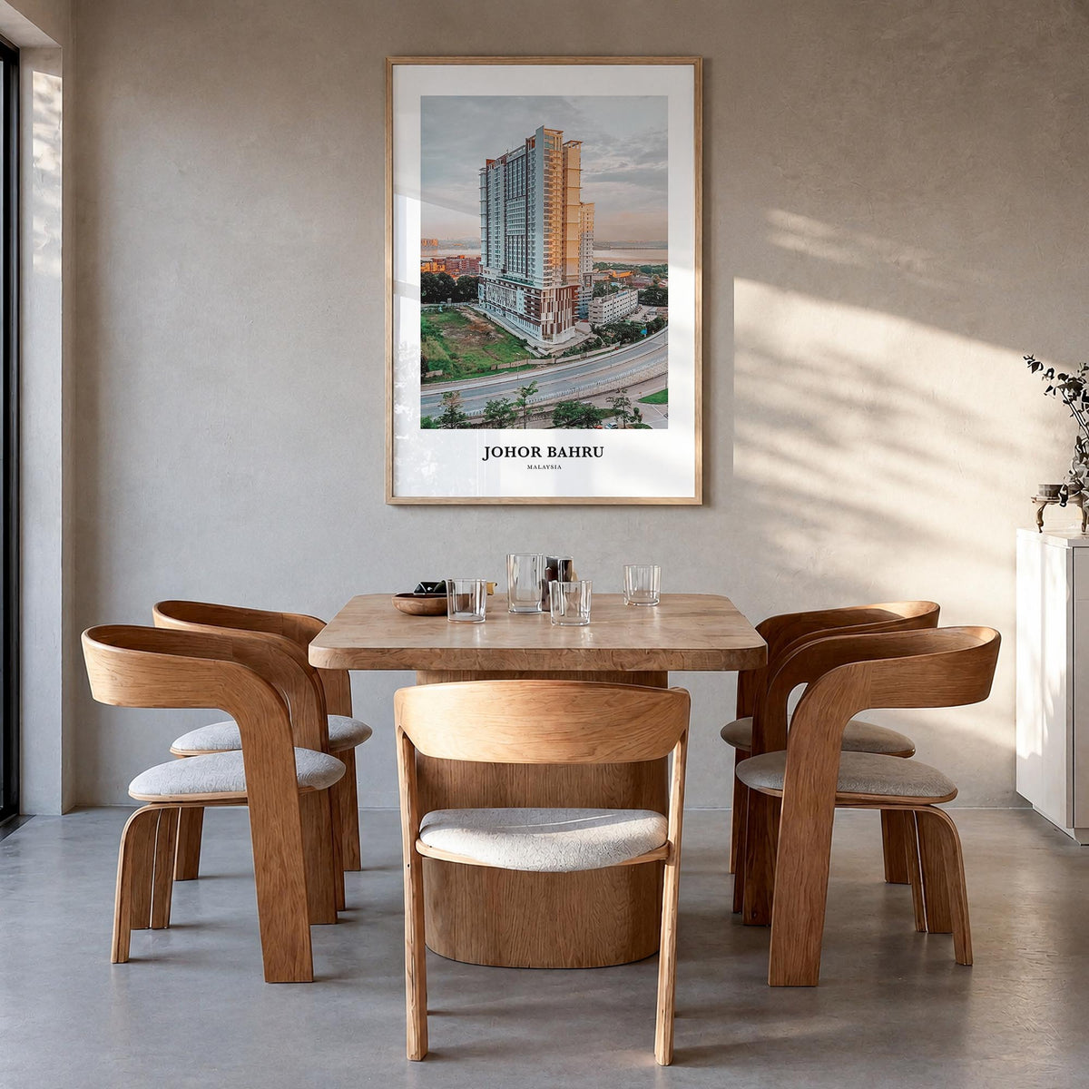 Johor Bahru colorful classic poster of Malaysia – vertical wall art in natural wood frame, hanging on wall