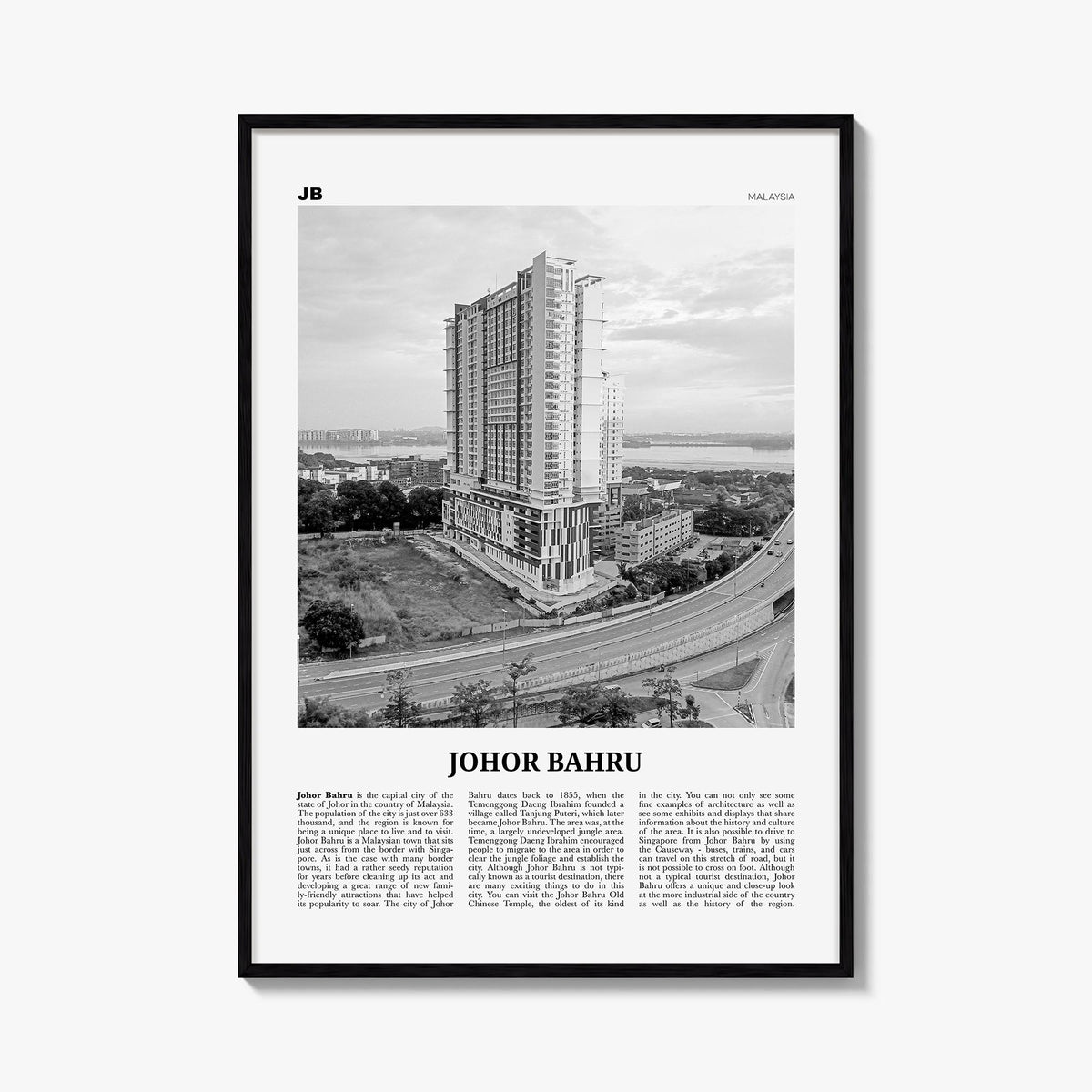 Johor Bahru no. 2 black & white newspaper poster of Malaysia – vertical wall art, unframed print shown in interior mockup