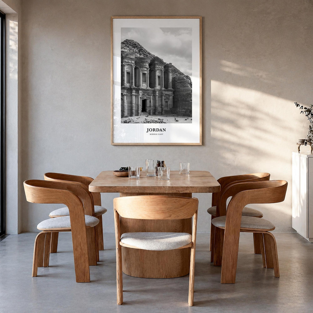 Jordan black & white classic poster of Middle East – vertical wall art in natural wood frame, hanging on wall