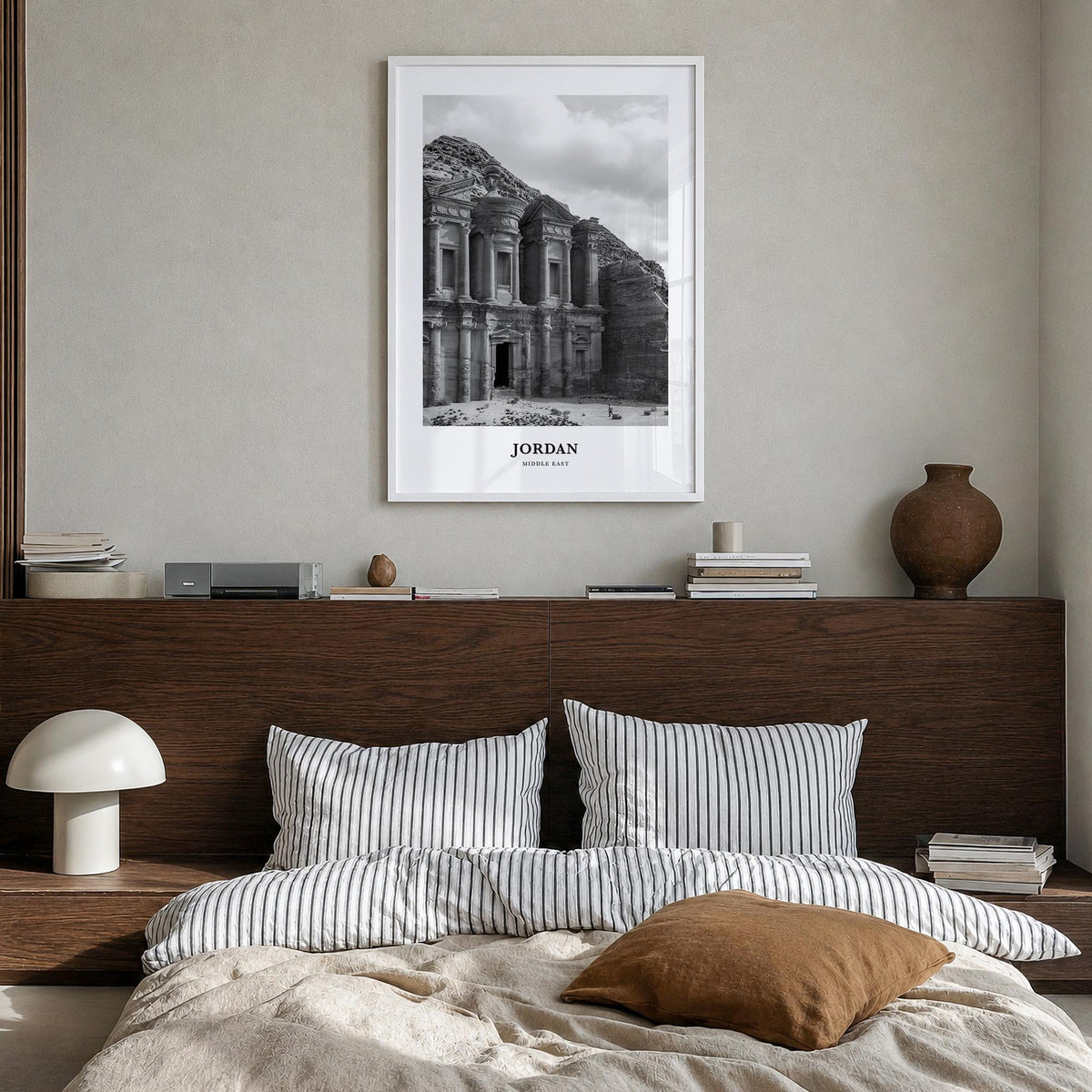Jordan black & white classic poster of Middle East – vertical wall art in white wood frame, hanging on wall