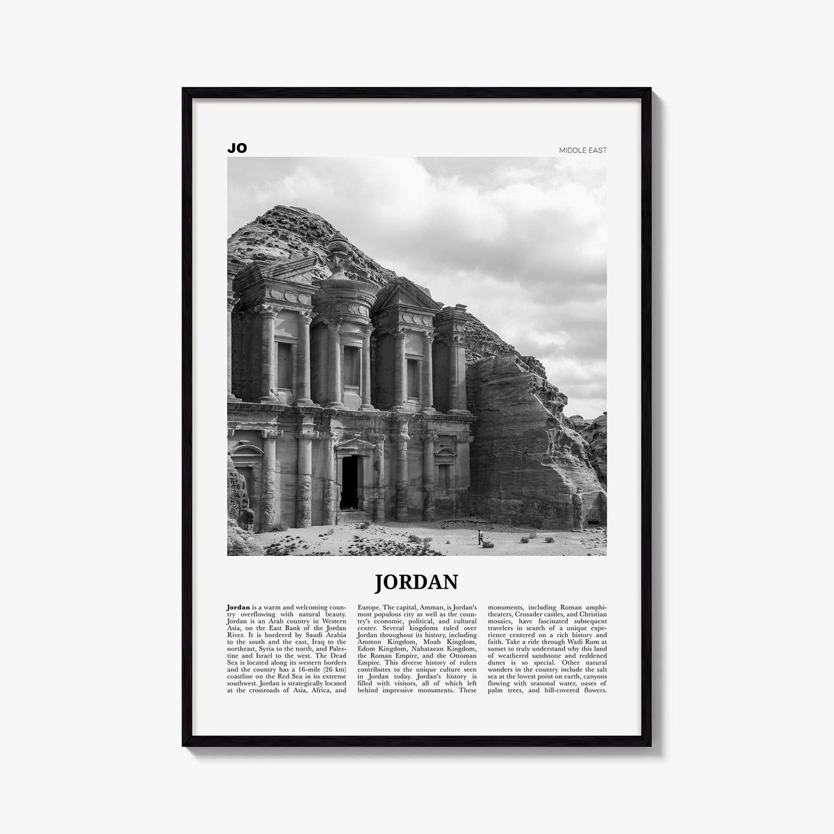 Jordan black & white newspaper poster of Middle East – vertical wall art, unframed print shown in interior mockup