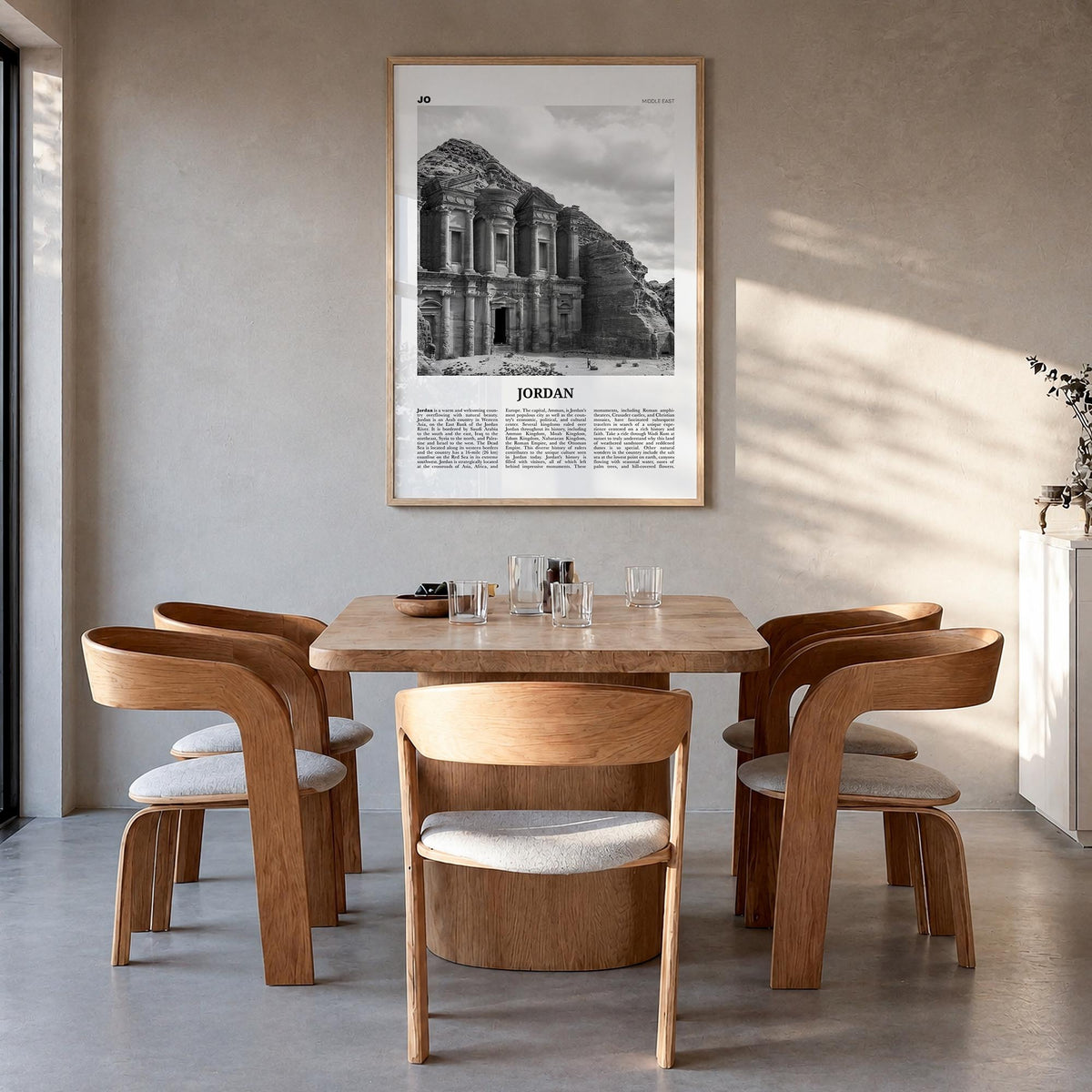 Jordan black & white newspaper poster of Middle East – vertical wall art in natural wood frame, hanging on wall