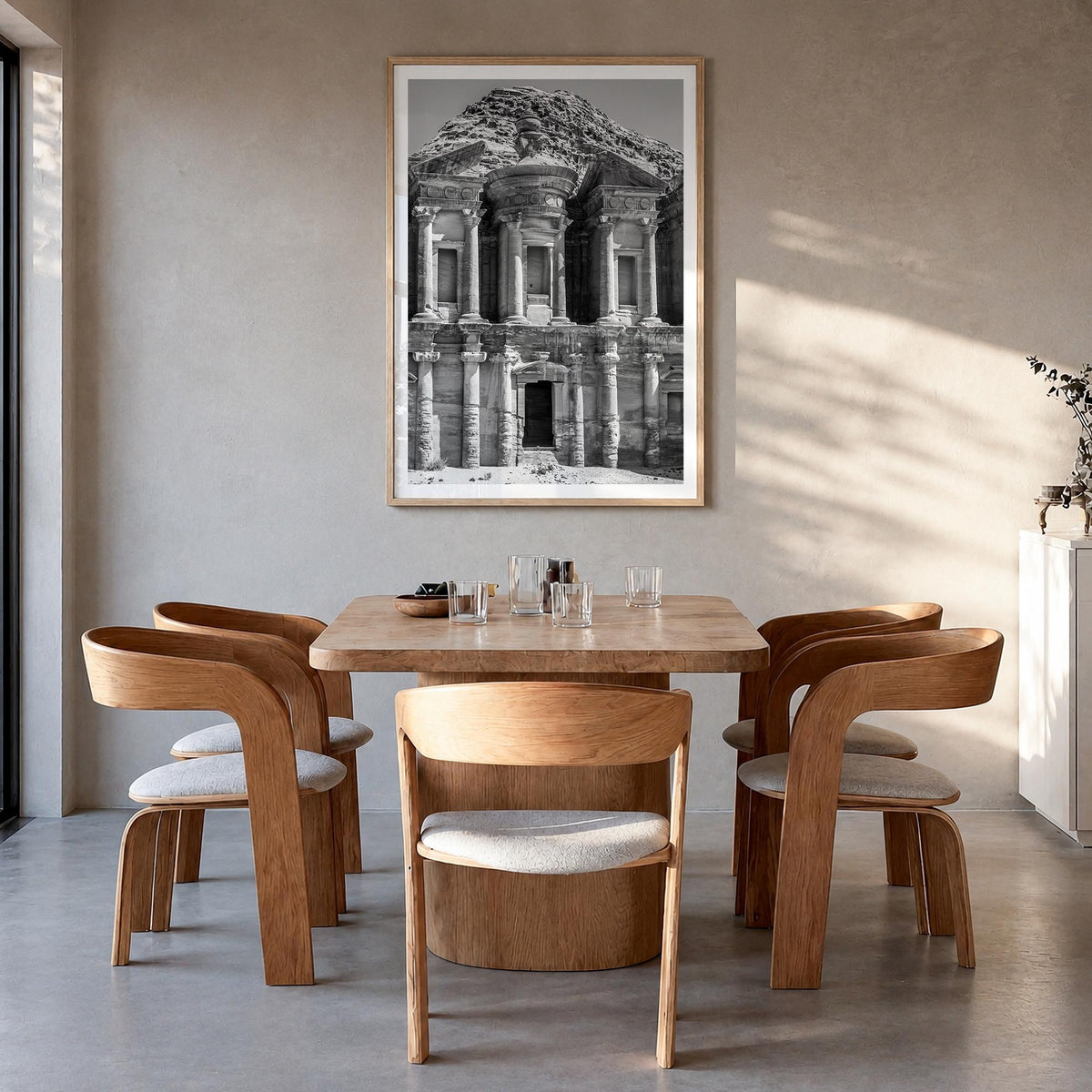 Jordan black & white photo poster of Middle East – vertical wall art in natural wood frame with white border, hanging on wall