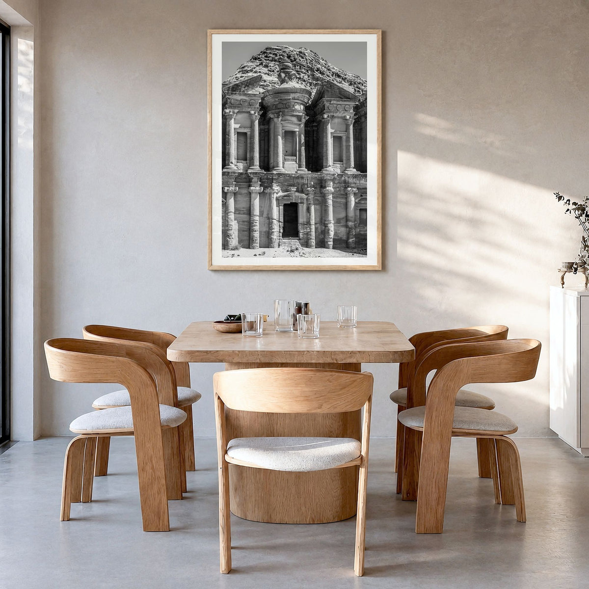 Jordan Photo Poster in a natural wood frame, hanging in a dining room, white border
