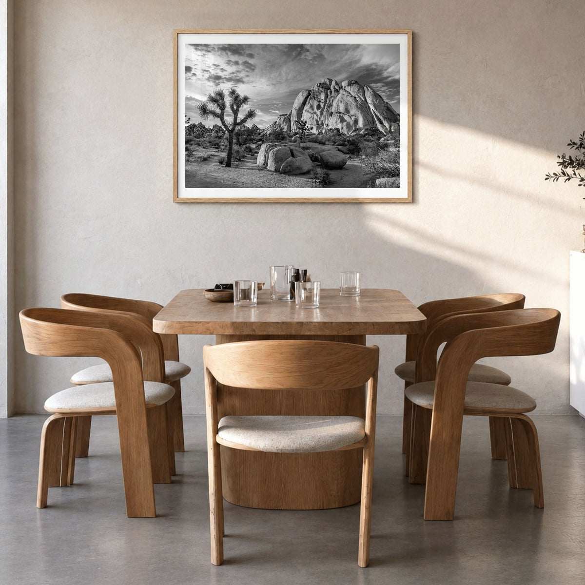 Joshua Tree National Park Photo No 1 Poster in a natural wood frame, hanging in a dining room, white border