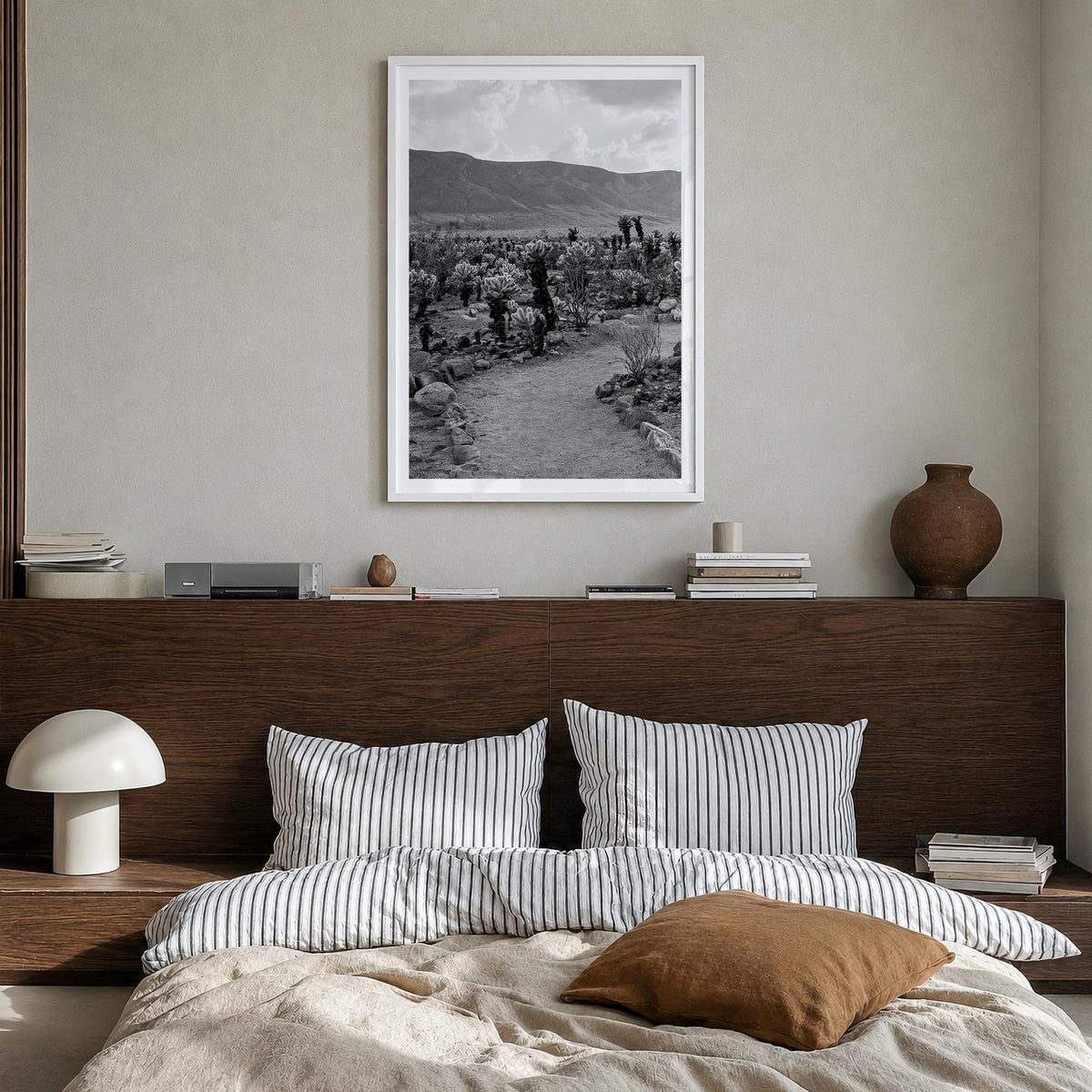 Joshua Tree National Park no. 1 black & white photo poster of California, USA – vertical wall art in white wood frame with wh