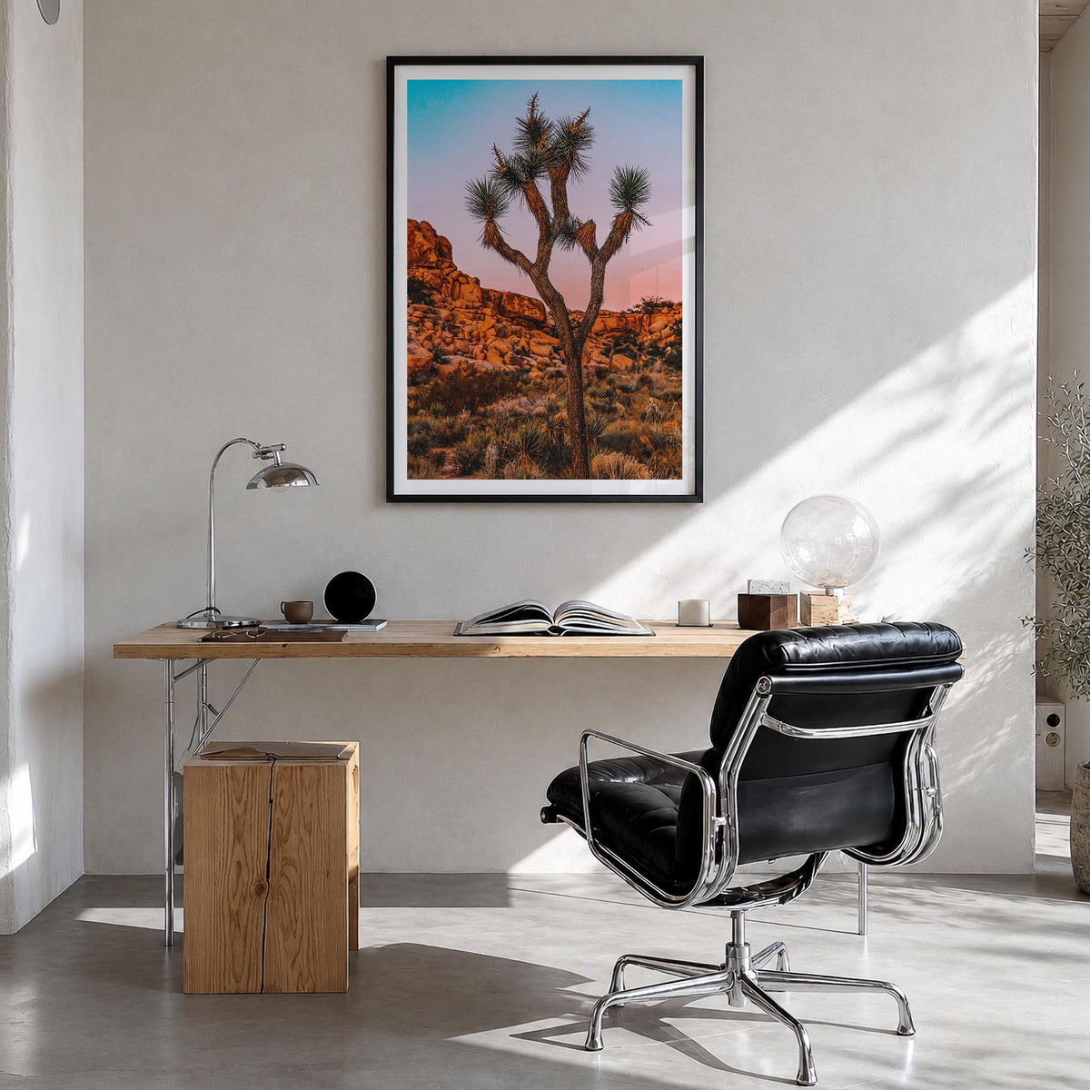 Joshua Tree National Park no. 1 colorful photo poster of California, USA – vertical wall art in black wood frame with white b