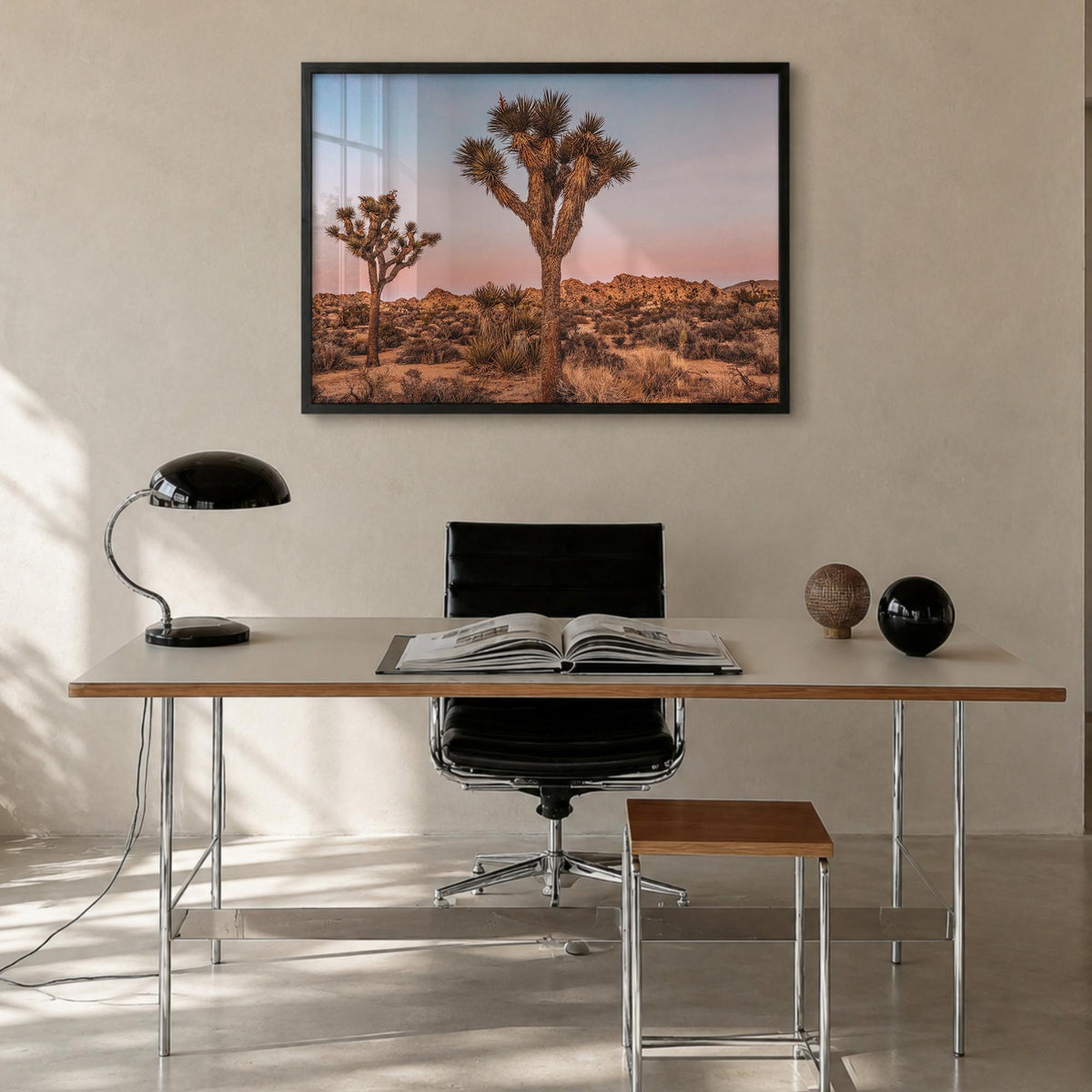 Joshua Tree National Park no. 1 colorful photo poster of California, USA – horizontal wall art in black wood frame, hanging o