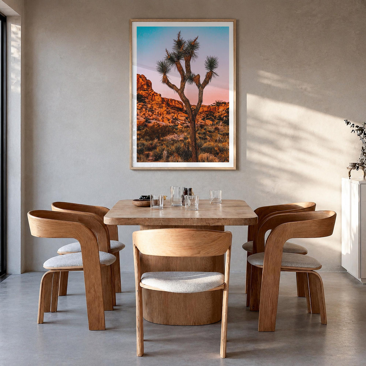 Joshua Tree National Park no. 1 colorful photo poster of California, USA – vertical wall art in natural wood frame with white