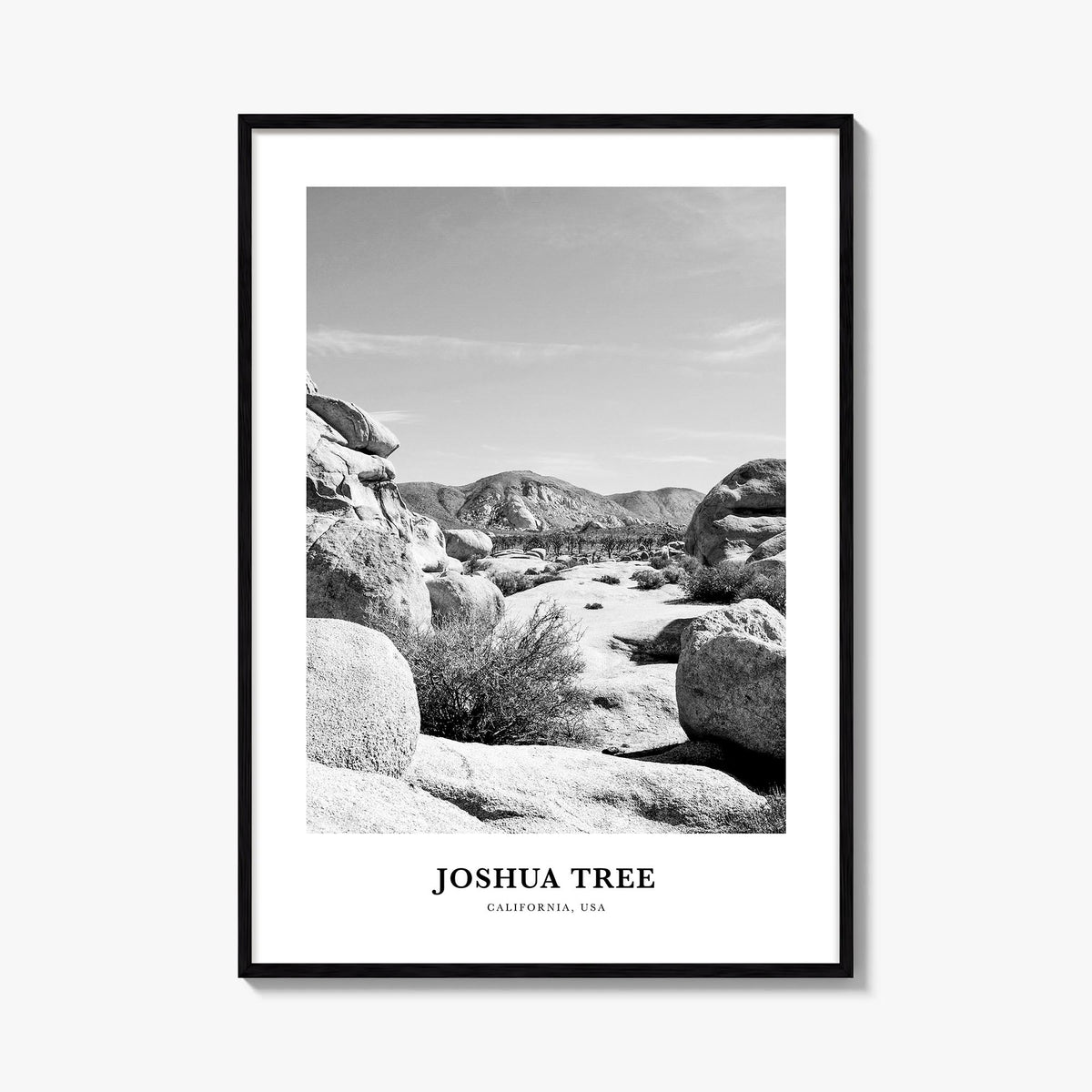 Joshua Tree National Park no. 2 black & white classic poster of California, USA – vertical wall art, unframed print shown in