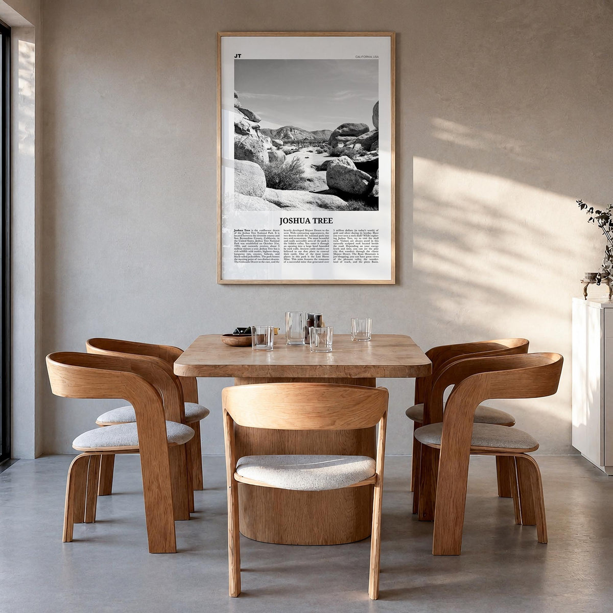 Joshua Tree National Park no. 2 black & white newspaper poster of California, USA – vertical wall art in natural wood frame,