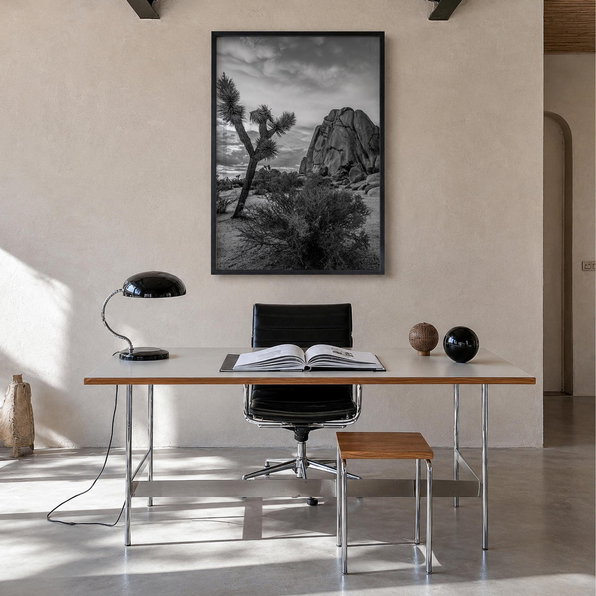 Joshua Tree National Park no. 2 black & white photo poster of California, USA – vertical wall art in black wood frame, hangin