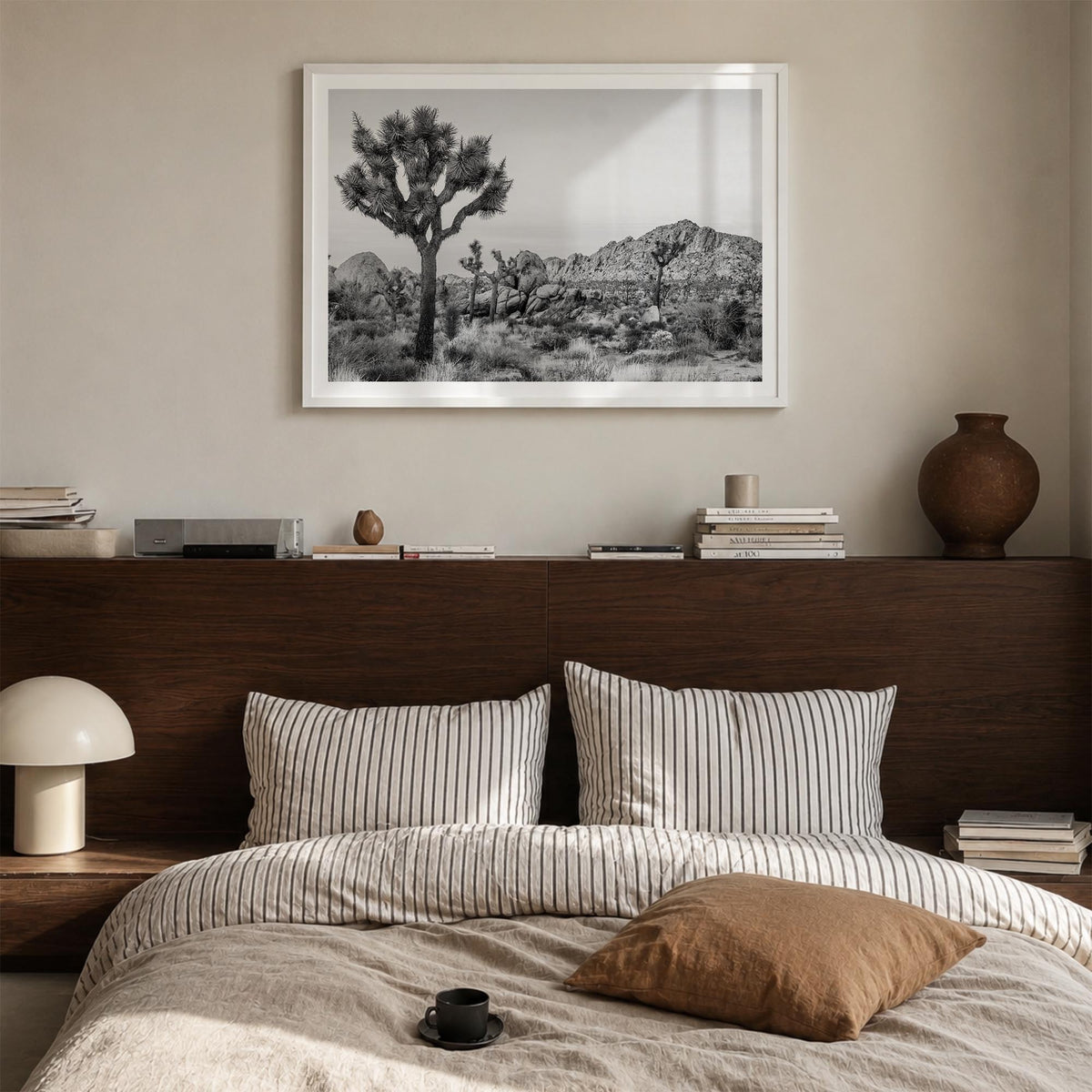 Joshua Tree National Park no. 2 black & white photo poster of California, USA – horizontal wall art in white wood frame with