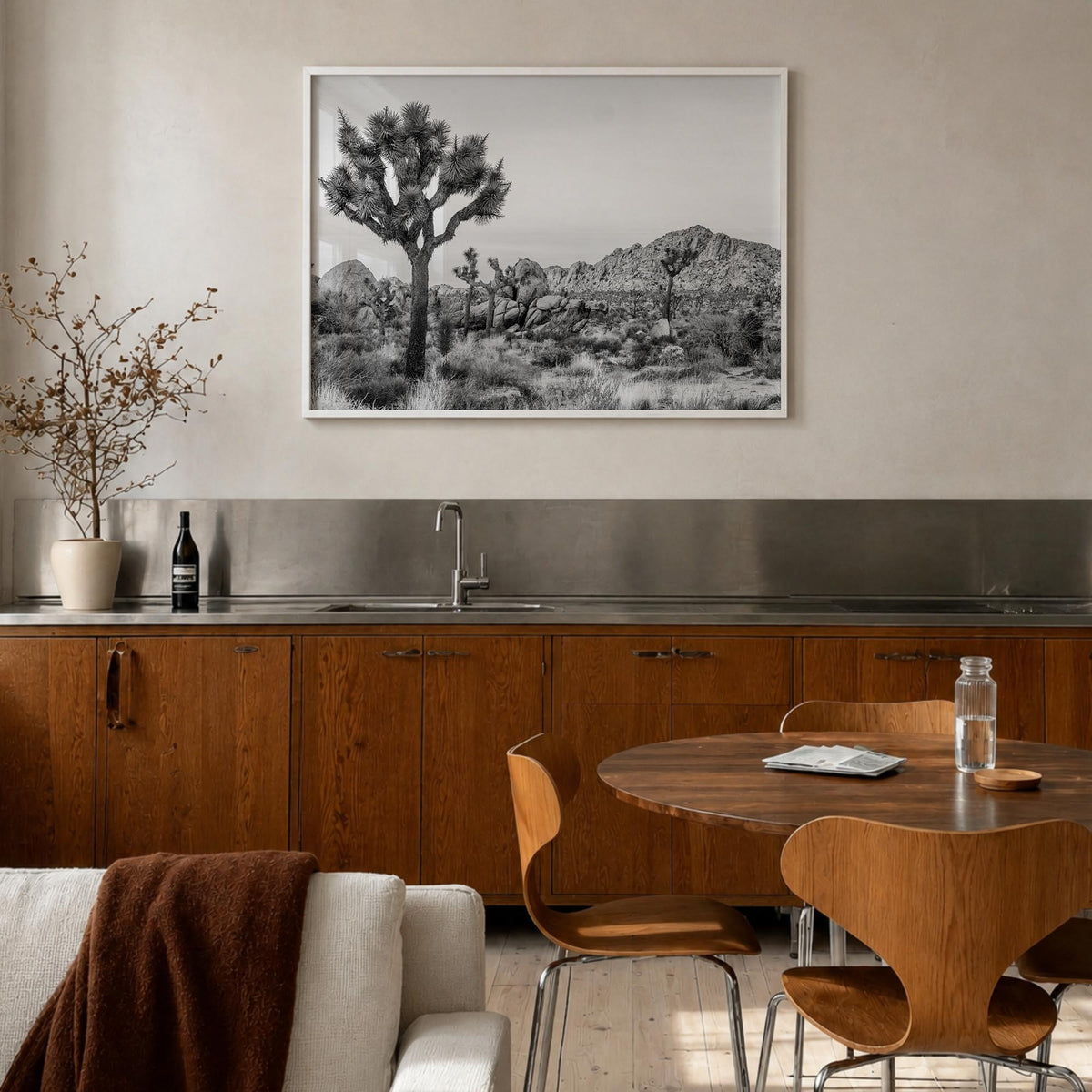 Joshua Tree National Park no. 2 black & white photo poster of California, USA – horizontal wall art in white wood frame, hang