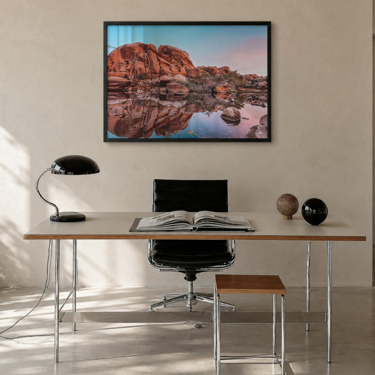 Joshua Tree National Park no. 2 colorful photo poster of California, USA – horizontal wall art in black wood frame, hanging o