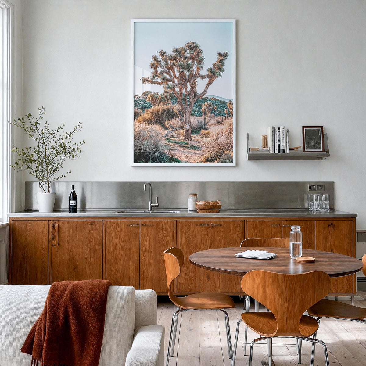 Joshua Tree National Park no. 4 colorful photo poster of California, USA – vertical wall art in white wood frame, hanging on