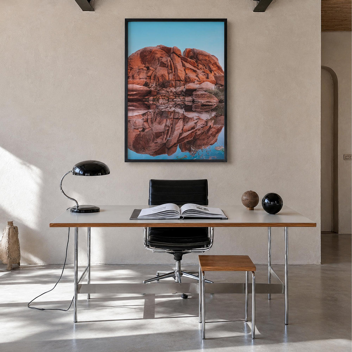 Joshua Tree National Park no. 5 colorful photo poster of California, USA – vertical wall art in black wood frame, hanging on