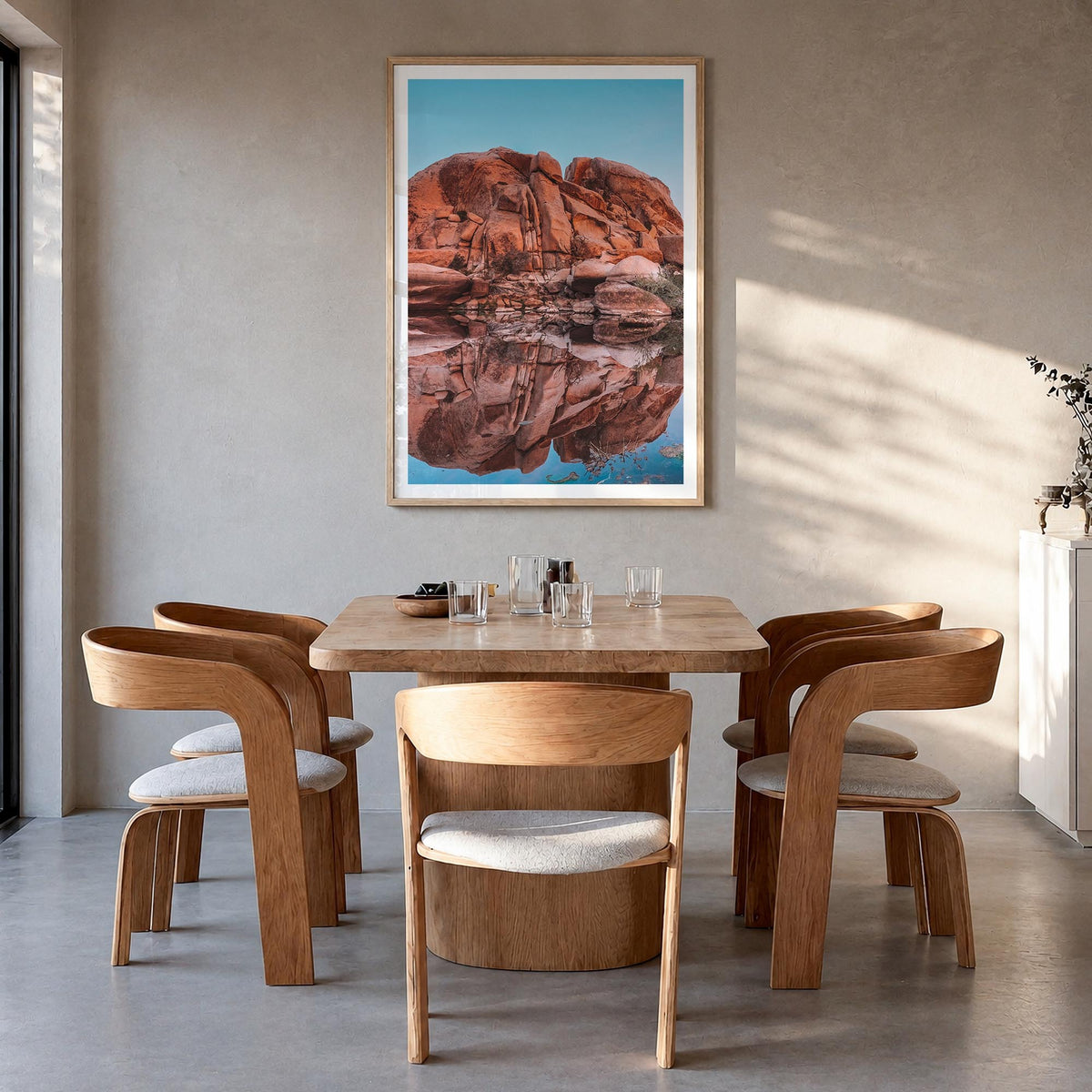 Joshua Tree National Park no. 5 colorful photo poster of California, USA – vertical wall art in natural wood frame with white