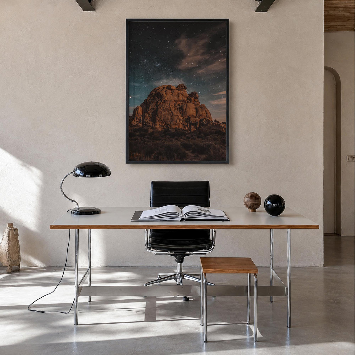Joshua Tree National Park no. 6 colorful photo poster of California, USA – vertical wall art in black wood frame, hanging on