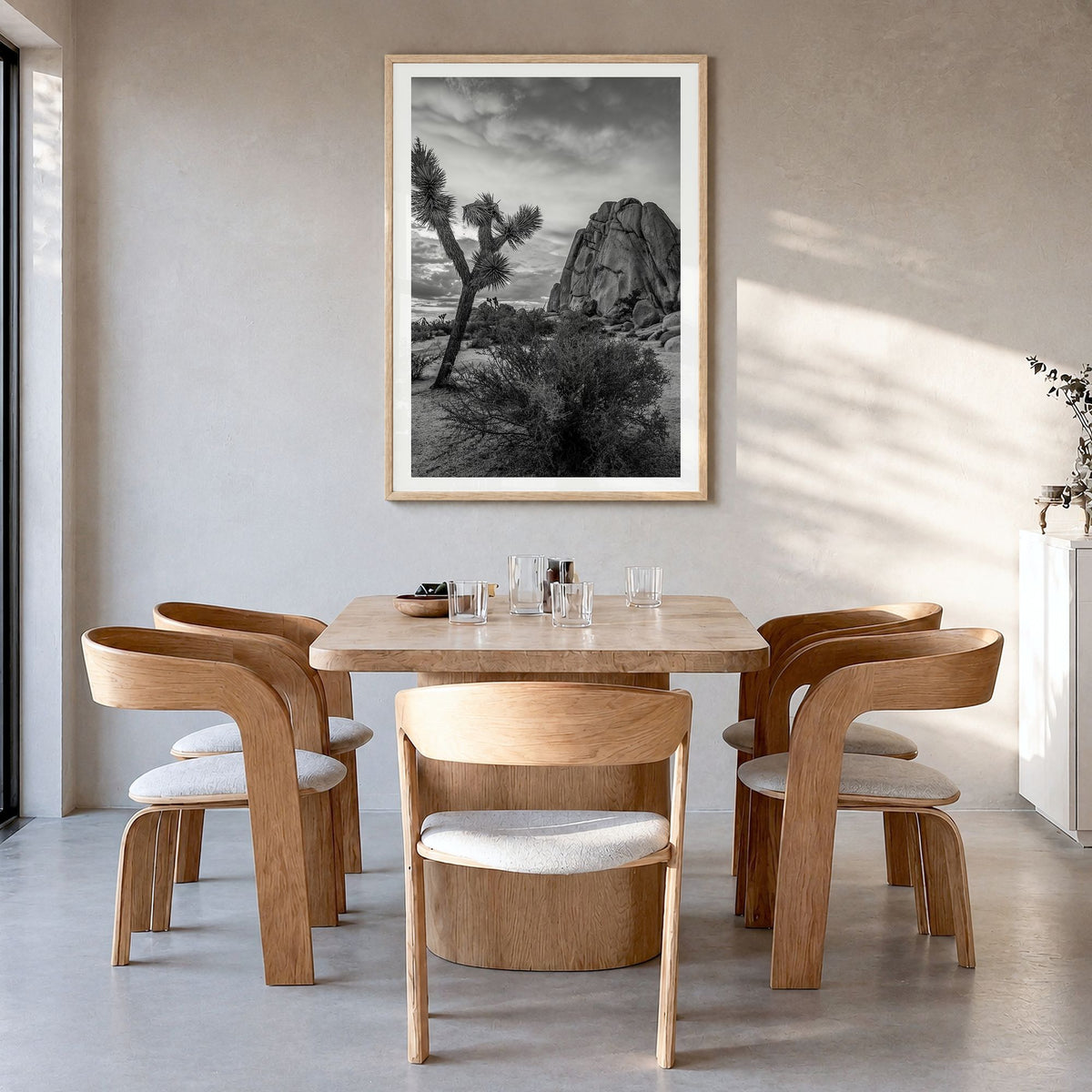 Joshua Tree National Park Photo No 2 Poster in a natural wood frame, hanging in a dining room, white border