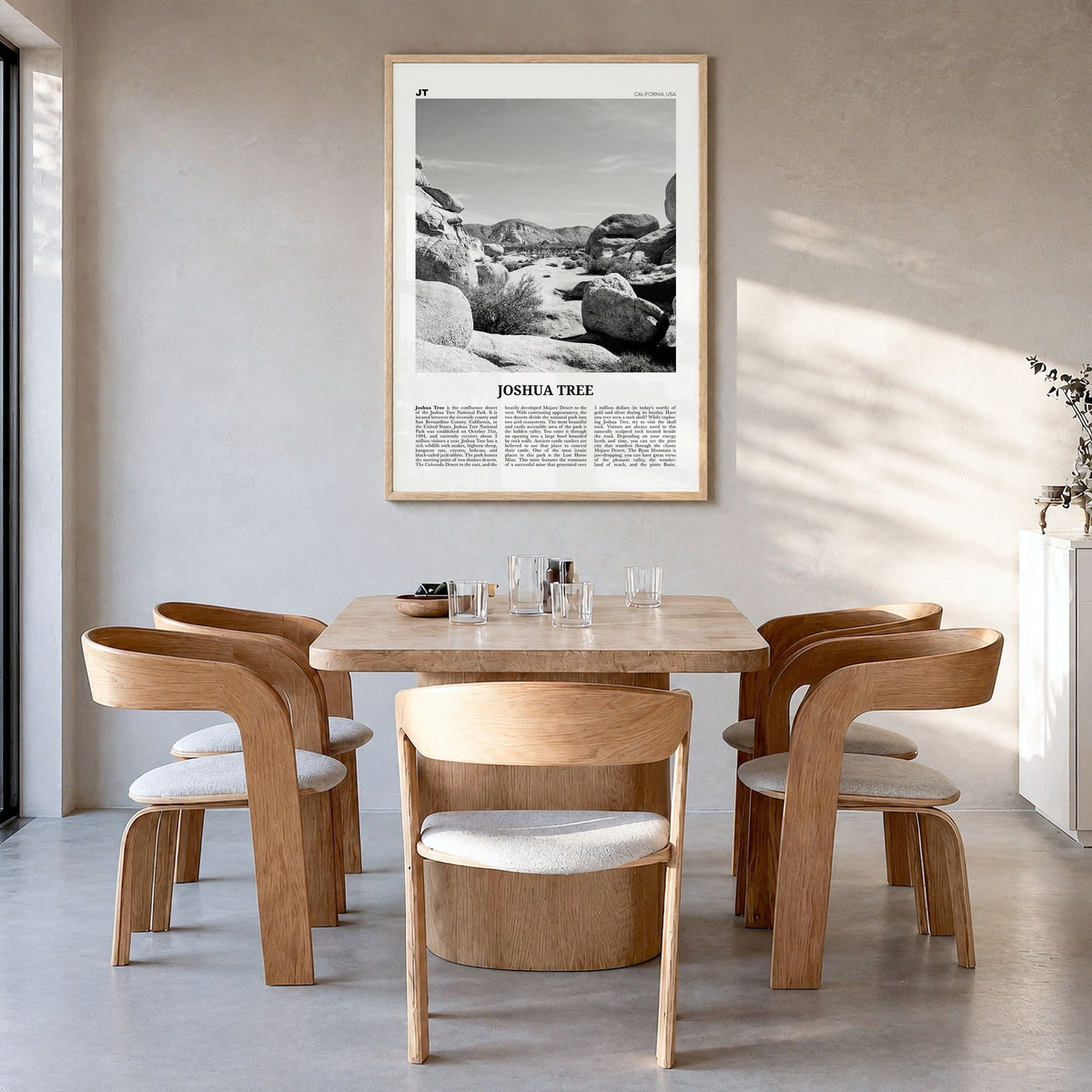 Joshua Tree National Park Newspaper No 2 Poster in a natural wood frame, hanging in a dining room
