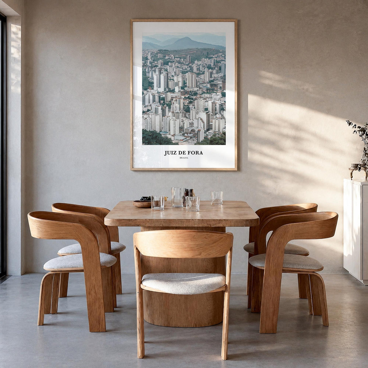 Juiz de Fora colorful classic poster of Brazil – vertical wall art in natural wood frame, hanging on wall