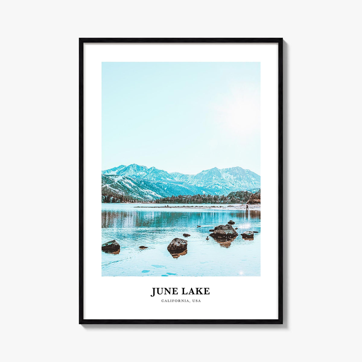 June Lake colorful classic poster of California, USA – vertical wall art, unframed print shown in interior mockup