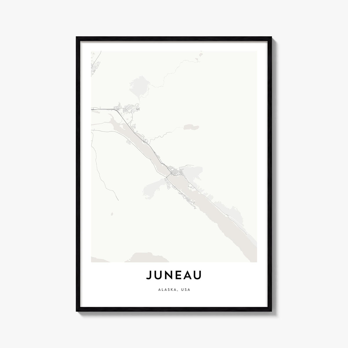 Juneau black & white map poster of Alaska, USA – vertical wall art, unframed print shown in interior mockup