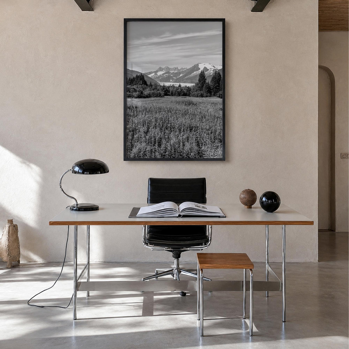 Juneau black & white photo poster of Alaska, USA – vertical wall art in black wood frame, hanging on wall
