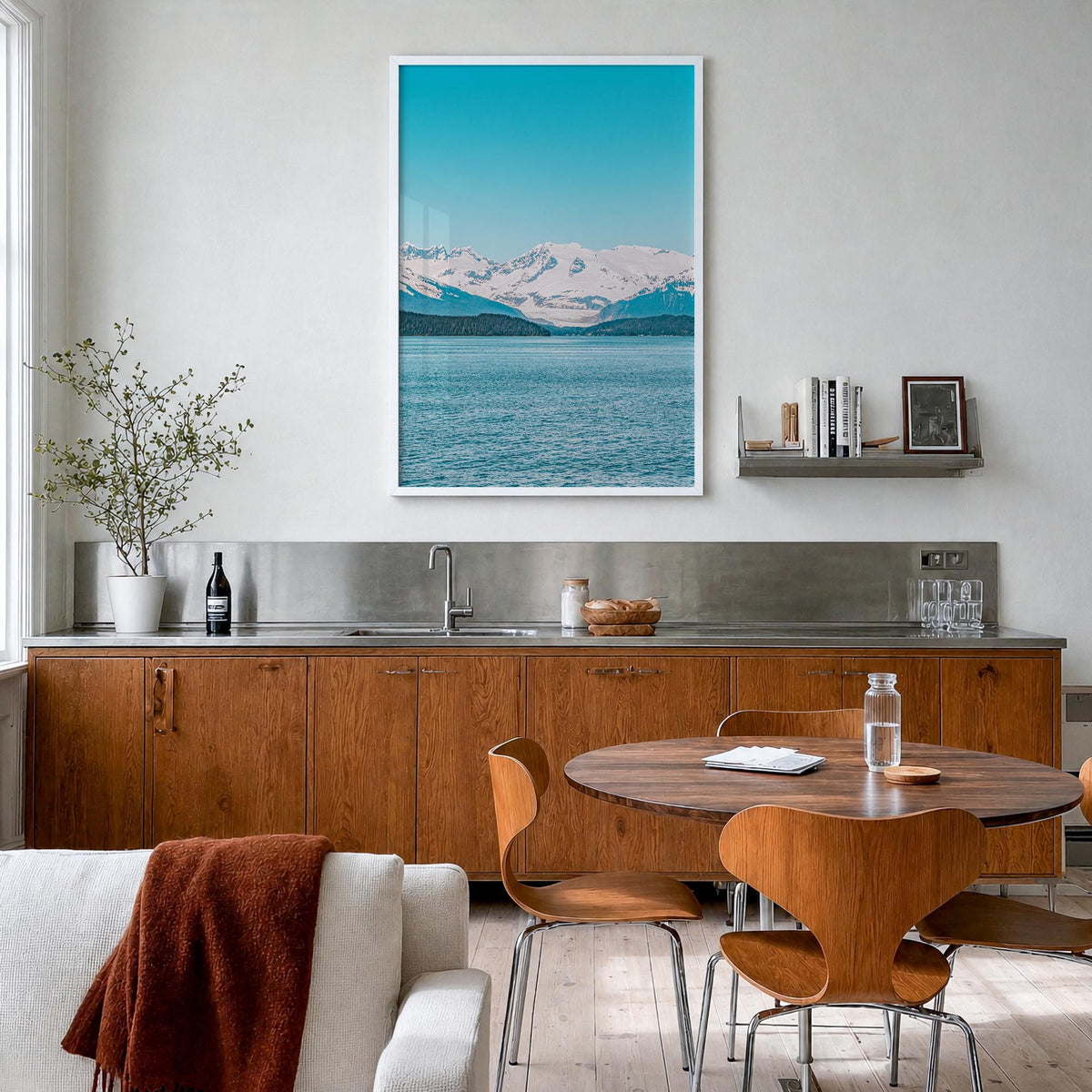 Juneau colorful photo poster of Alaska, USA – vertical wall art in white wood frame, hanging on wall