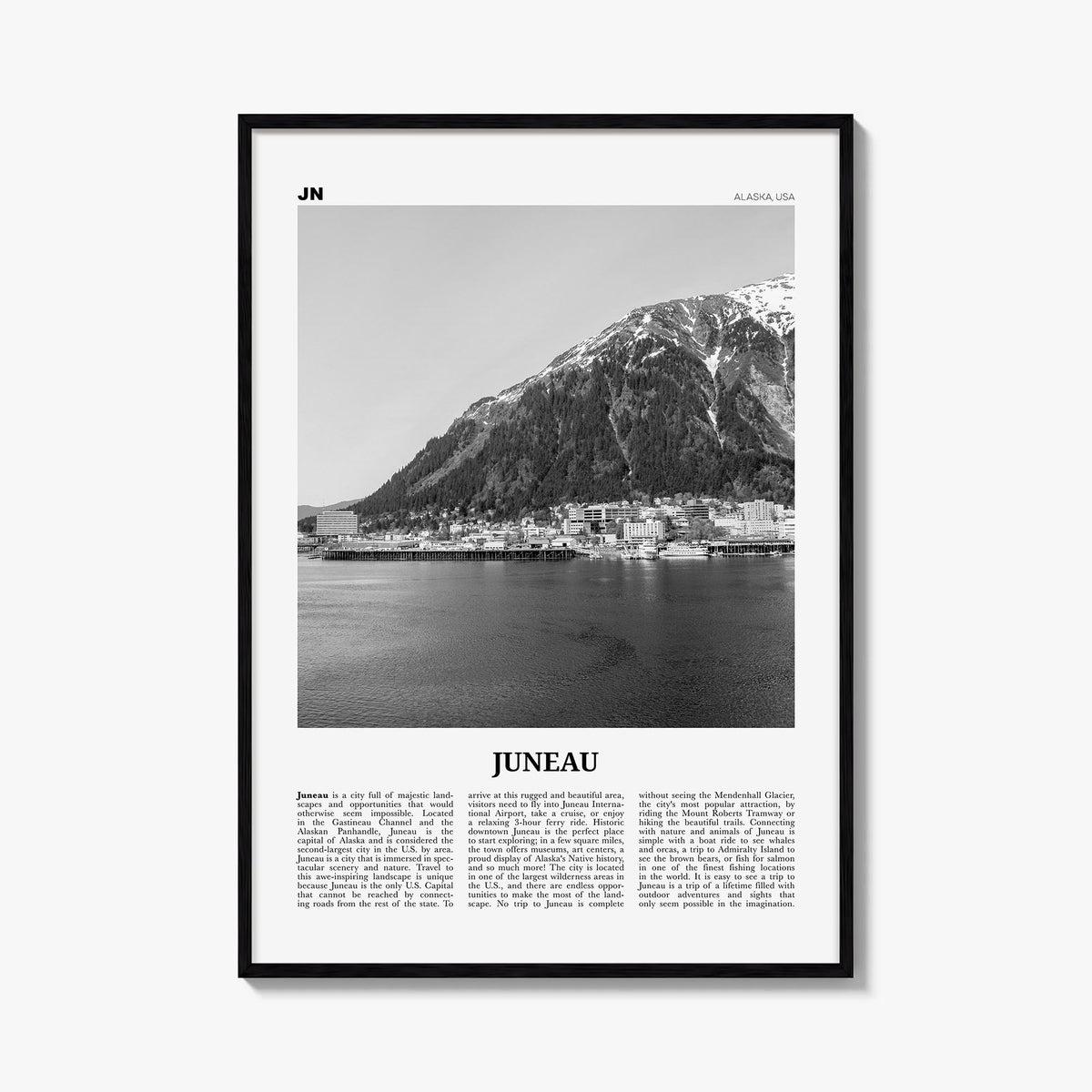Juneau no. 1 black & white newspaper poster of Alaska, USA – vertical wall art, unframed print shown in interior mockup
