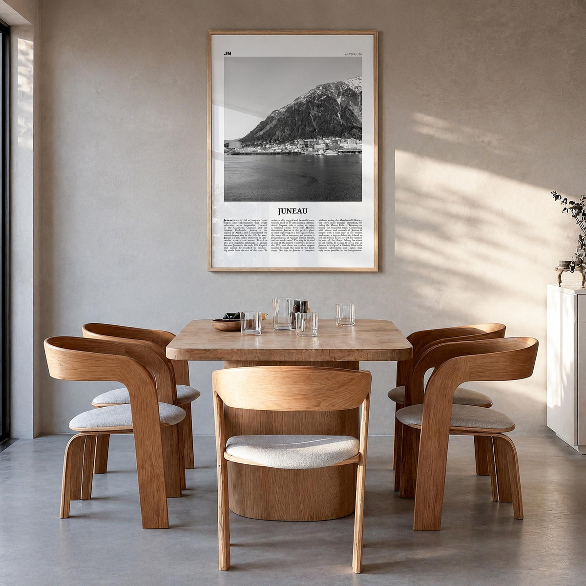 Juneau no. 1 black & white newspaper poster of Alaska, USA – vertical wall art in natural wood frame, hanging on wall