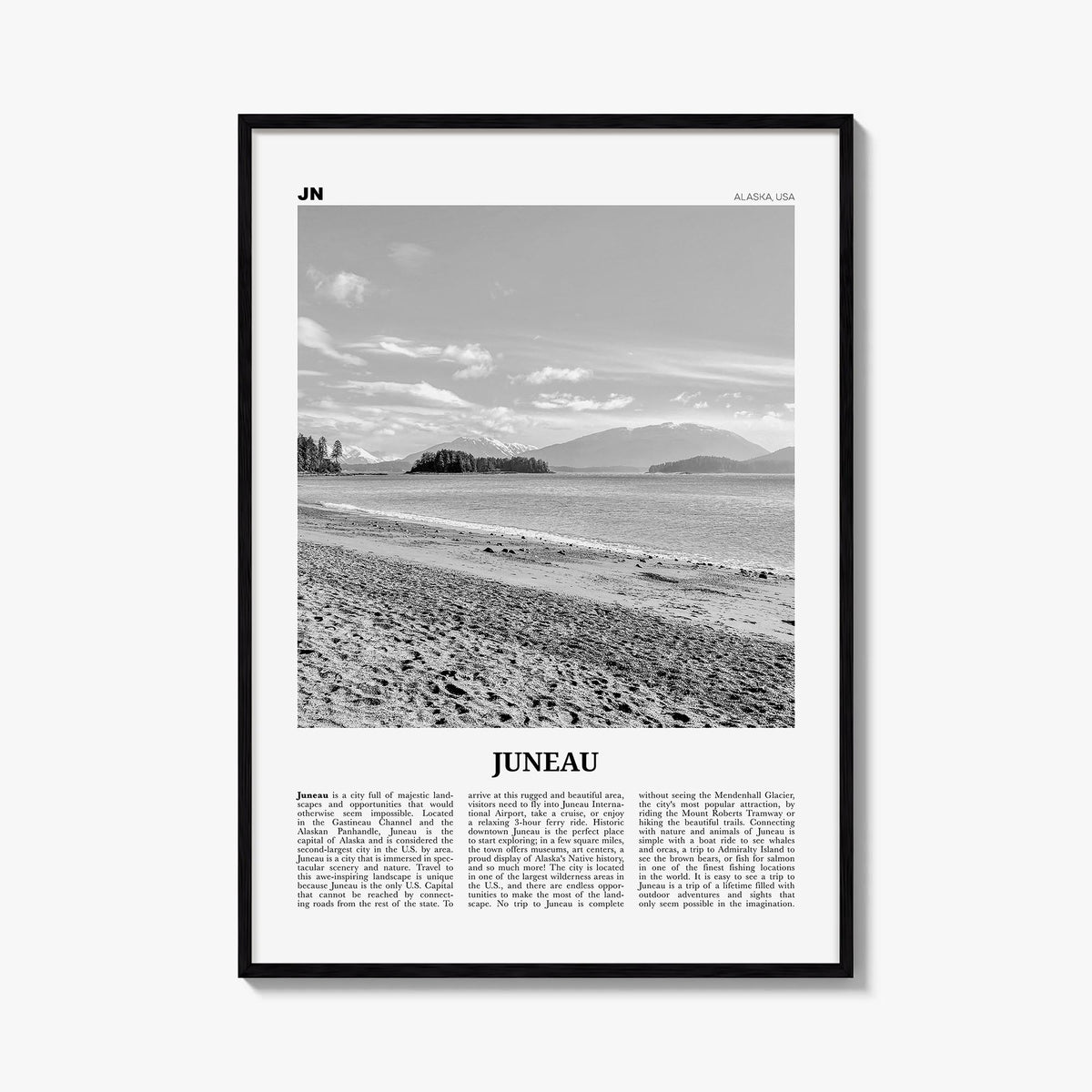 Juneau no. 2 black & white newspaper poster of Alaska, USA – vertical wall art, unframed print shown in interior mockup