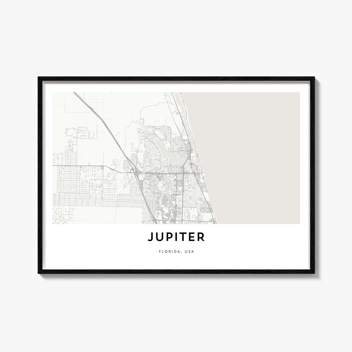 Jupiter black & white map poster of Florida, USA – horizontal wall art, unframed print shown in interior mockup