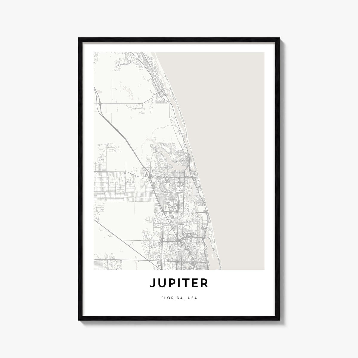 Jupiter black & white map poster of Florida, USA – vertical wall art, unframed print shown in interior mockup
